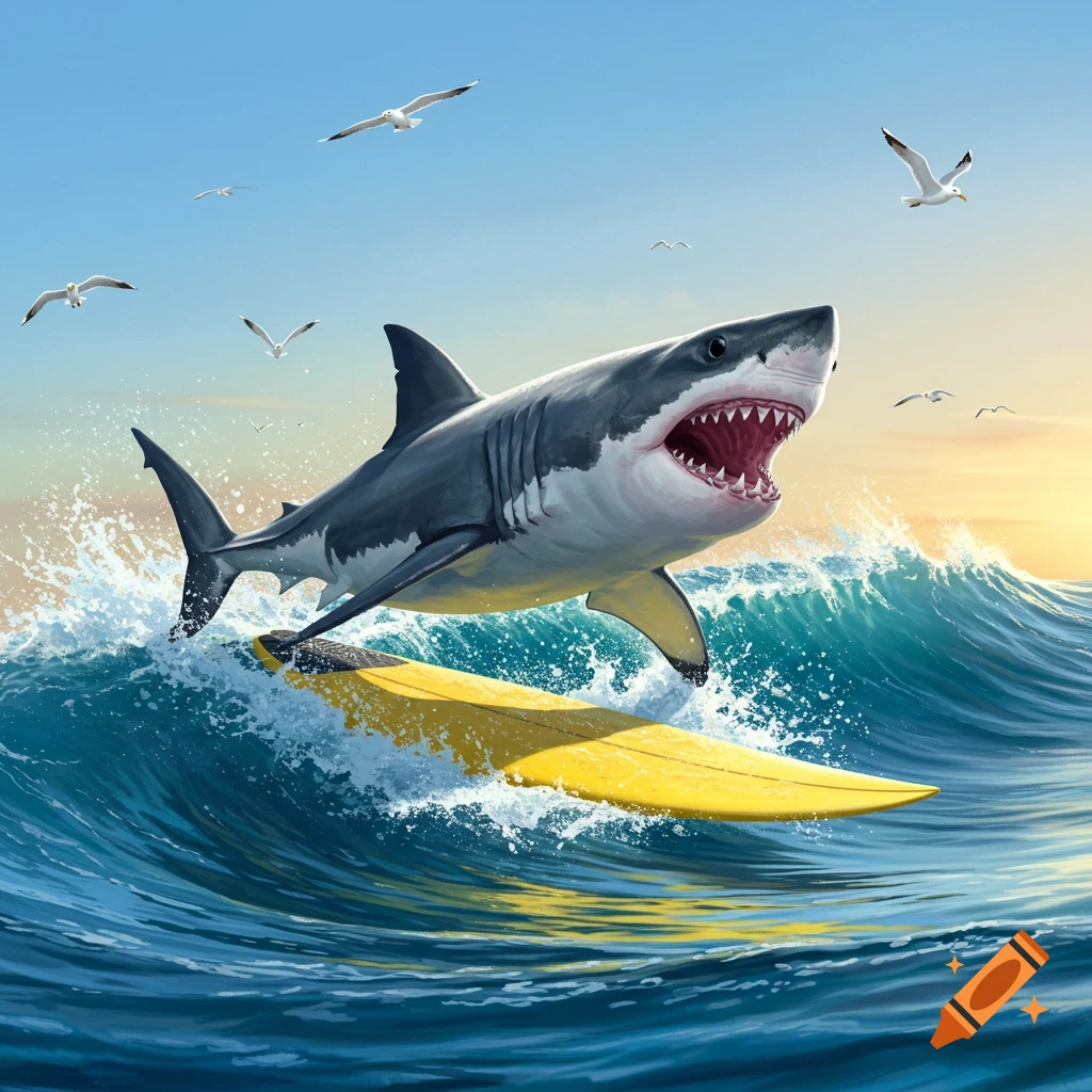 A cartoonish shark with an open mouth rides a yellow surfboard on a large blue wave under a bright sky with seagulls.