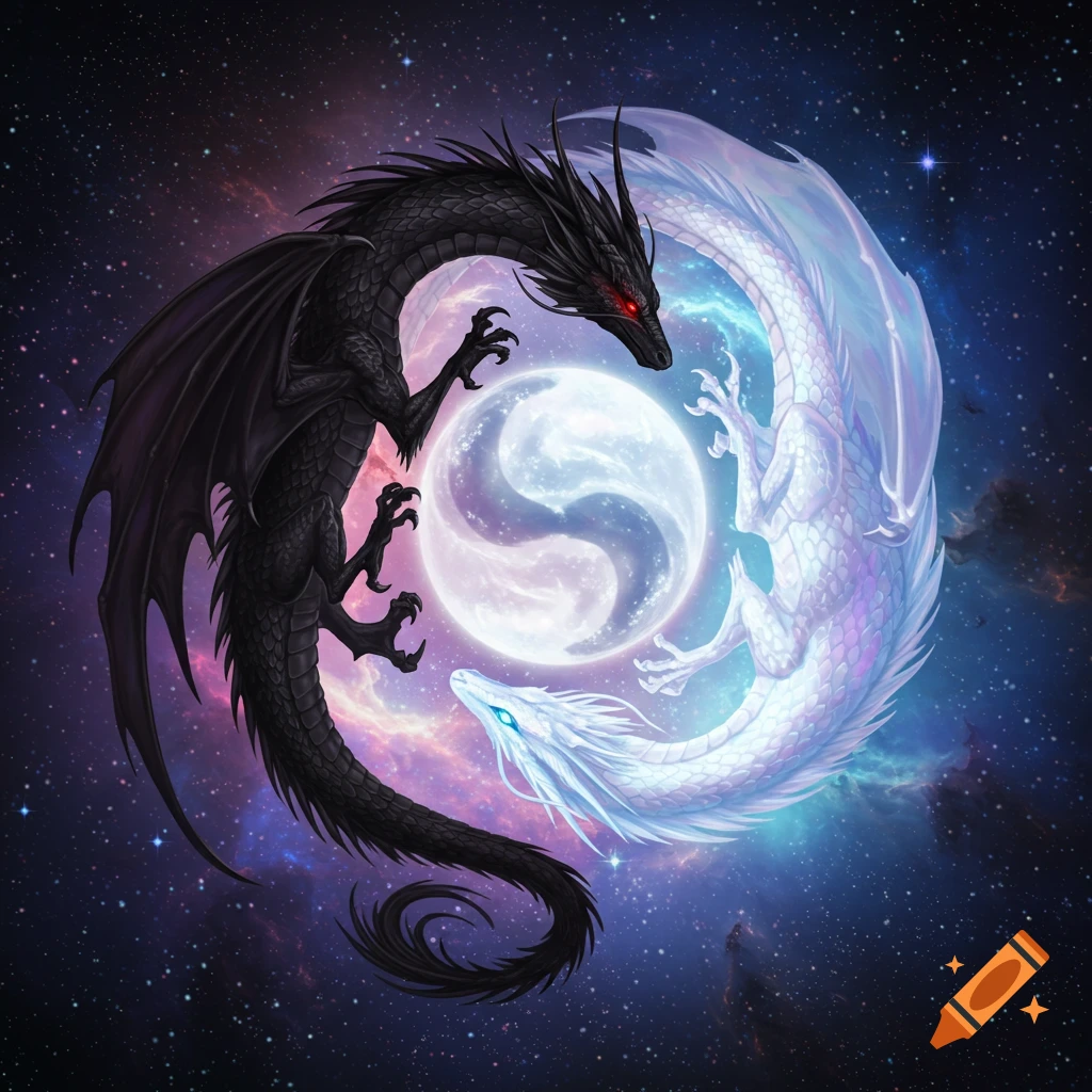 Black and white dragons intertwined around a glowing yin-yang symbol against a vibrant cosmic starry background in a fantasy digital art style.