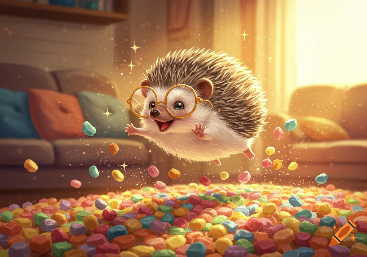 A delighted, whimsical hedgehog with round glasses floats above a huge pile of colorful candies, surrounded by sparkles in a cozy room.