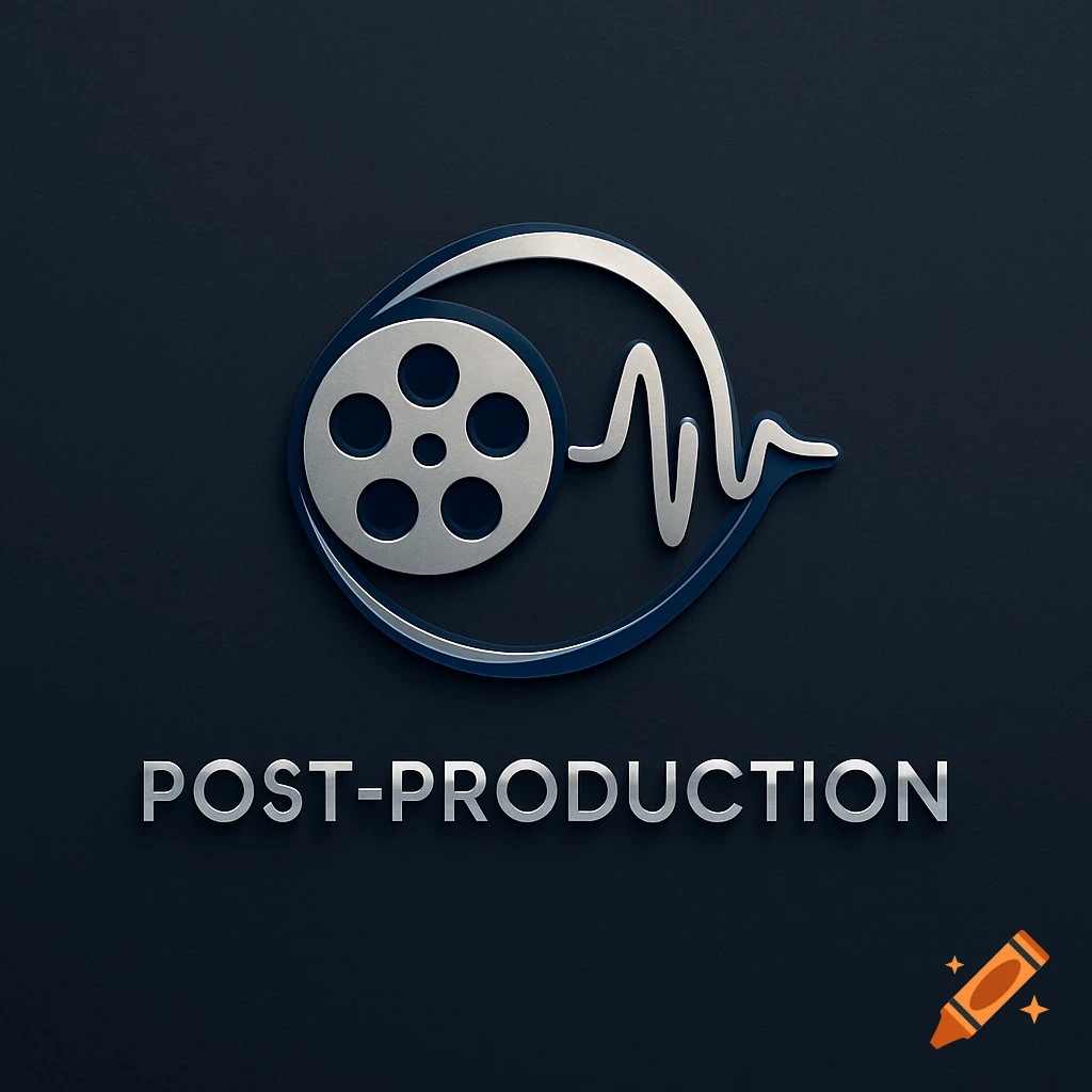 Metallic logo featuring a film reel and a sound wave within a circle, with the text 'POST-PRODUCTION' below.