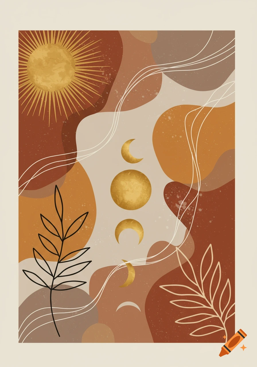 Boho abstract art with golden sun and moon phases, stylized leaves, and warm earth tones.