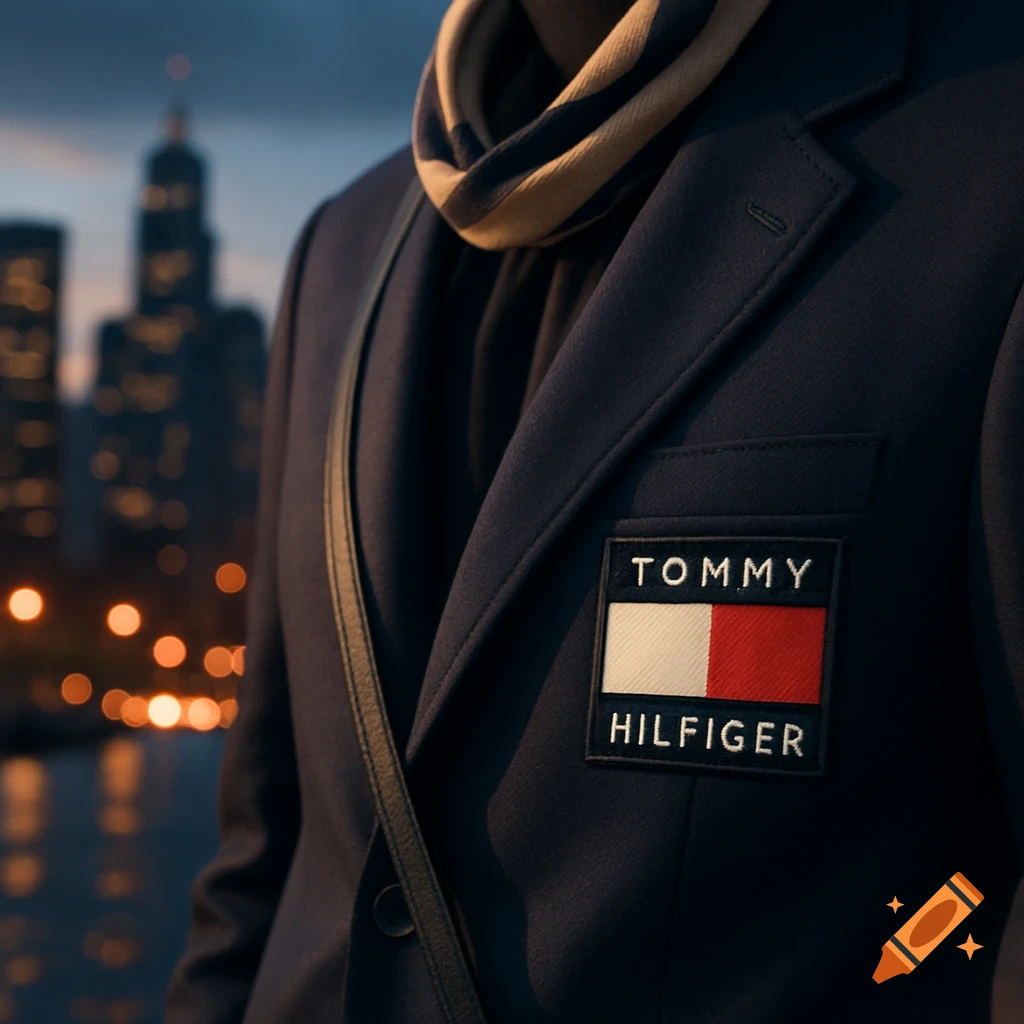 Photorealistic close-up of a person in a dark suit with a Tommy Hilfiger logo and scarf, blurred city lights in background.