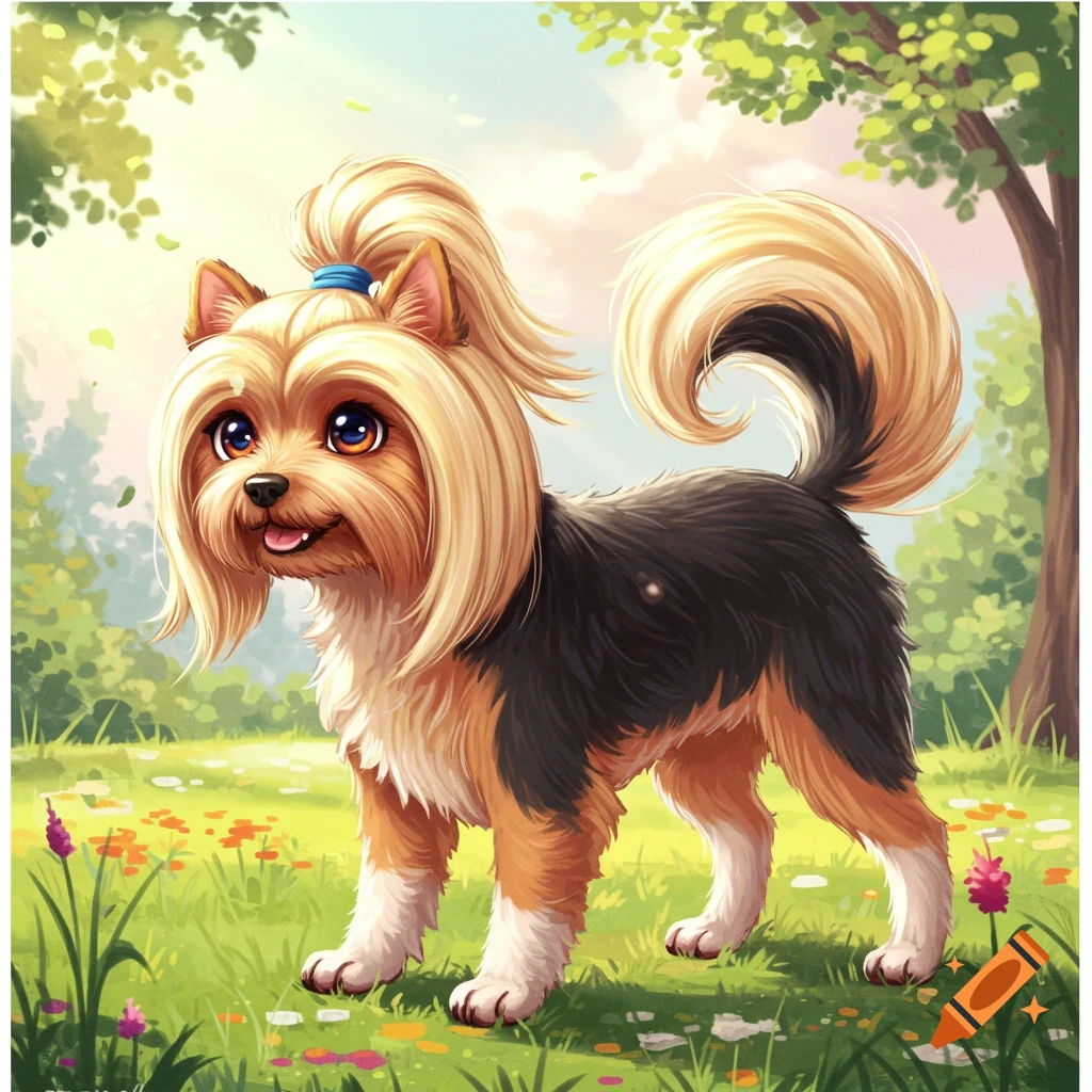 A cute, stylized cartoon Yorkshire Terrier with a blonde ponytail stands in a grassy field with flowers and trees.