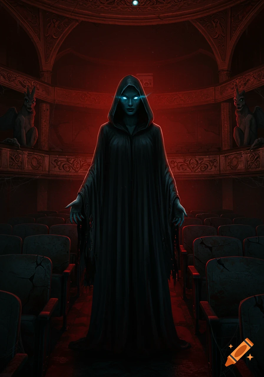 A hooded figure with glowing blue eyes stands in a dark, decaying theater with red lighting and gargoyles on the balconies.
