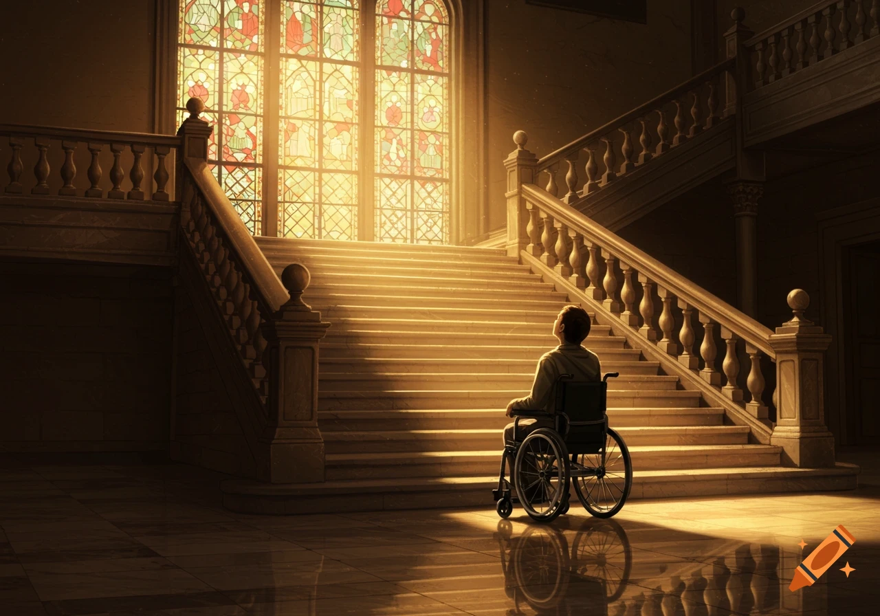 A person in a wheelchair looks up a grand, sunlit staircase towards a large stained-glass window in a majestic hall.