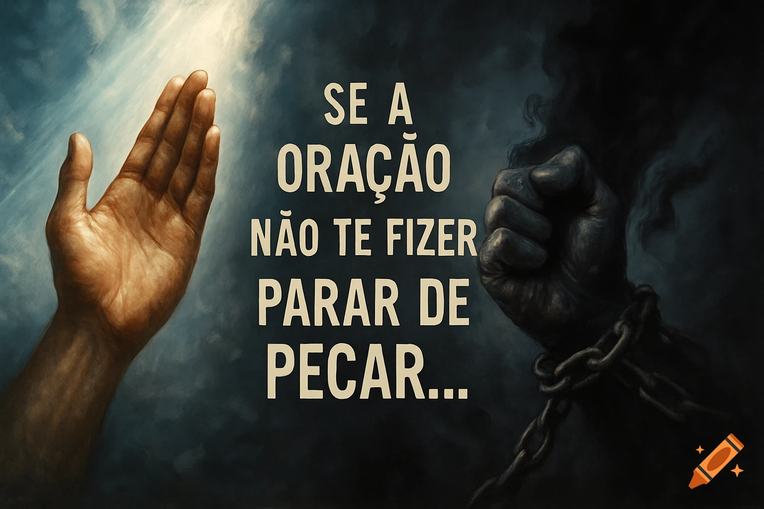 A dramatic painting contrasting an open, praying hand bathed in light with a chained, fisted hand enveloped in shadow. Portuguese text reads 'SE A ORAÇÃO NÃO TE FIZER PARAR DE PECAR...'