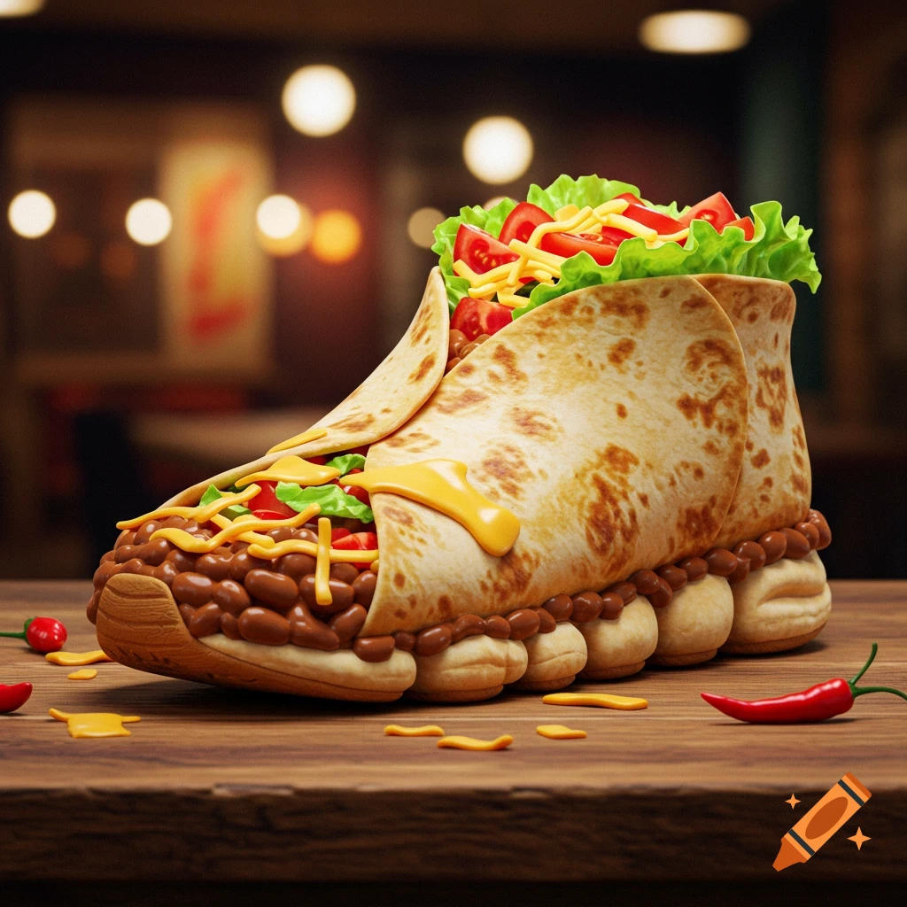 Photorealistic burrito shaped like a shoe, filled with beans, lettuce, cheese, and tomatoes, on a wooden table.