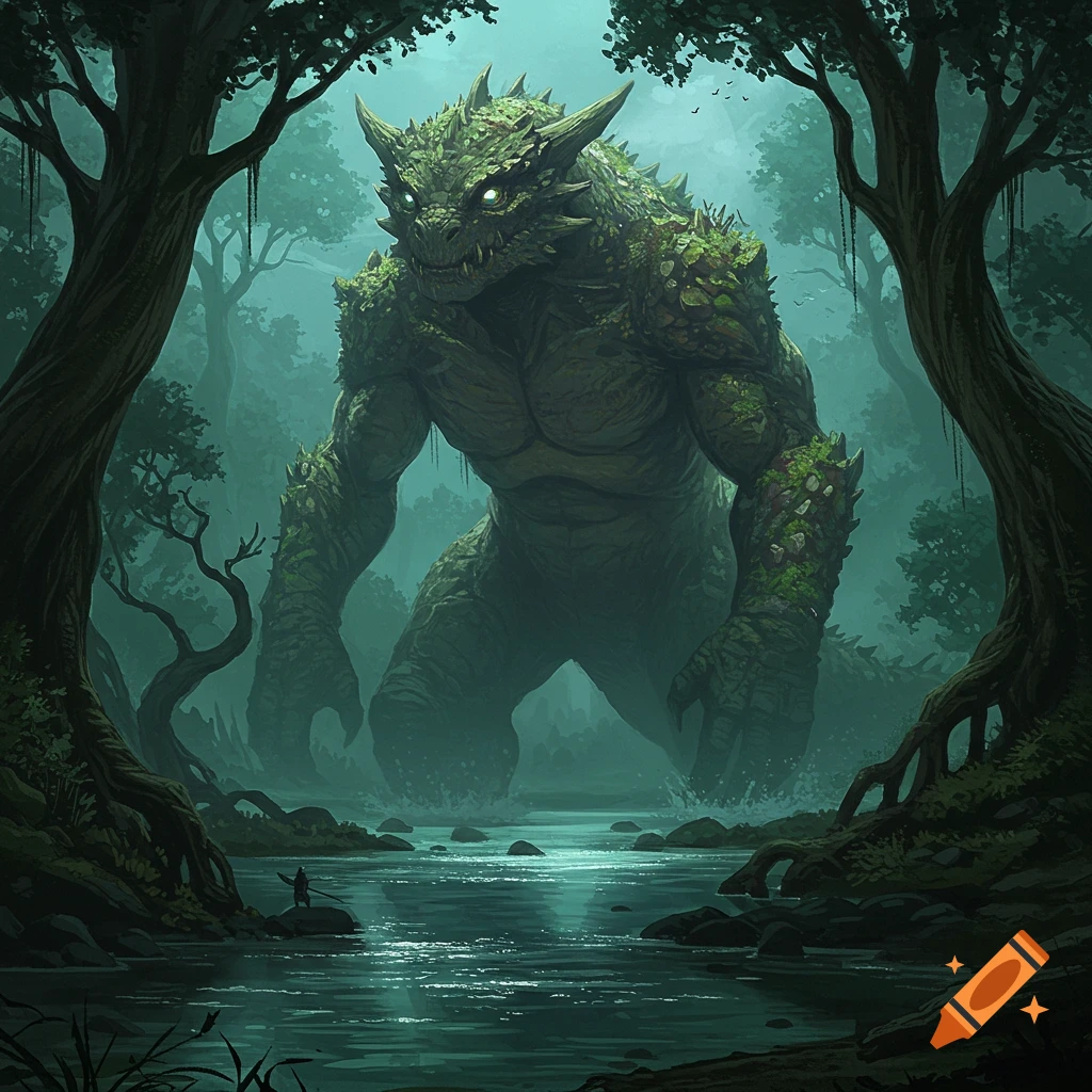 A gigantic moss-covered kaiju creature with glowing eyes stands in a misty, dark forest river, dwarfing a small human.