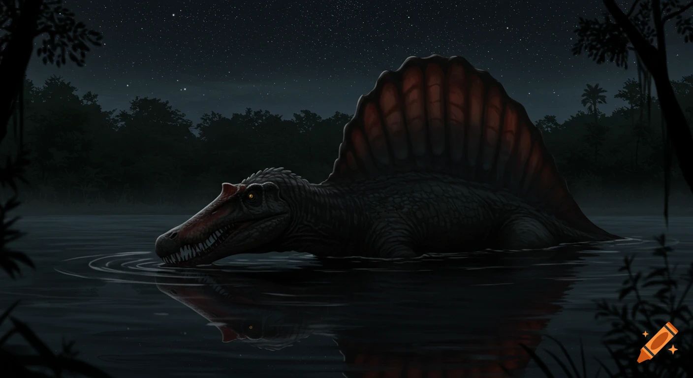 A massive spinosaurus lurks half-submerged in a dark prehistoric lake under a starry night sky.