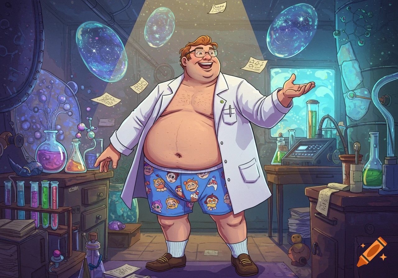 A chunky, smiling man in a lab coat and patterned boxer shorts stands in a colorful cartoon-style science lab, surrounded by beakers, equipment, and floating cosmic bubbles.