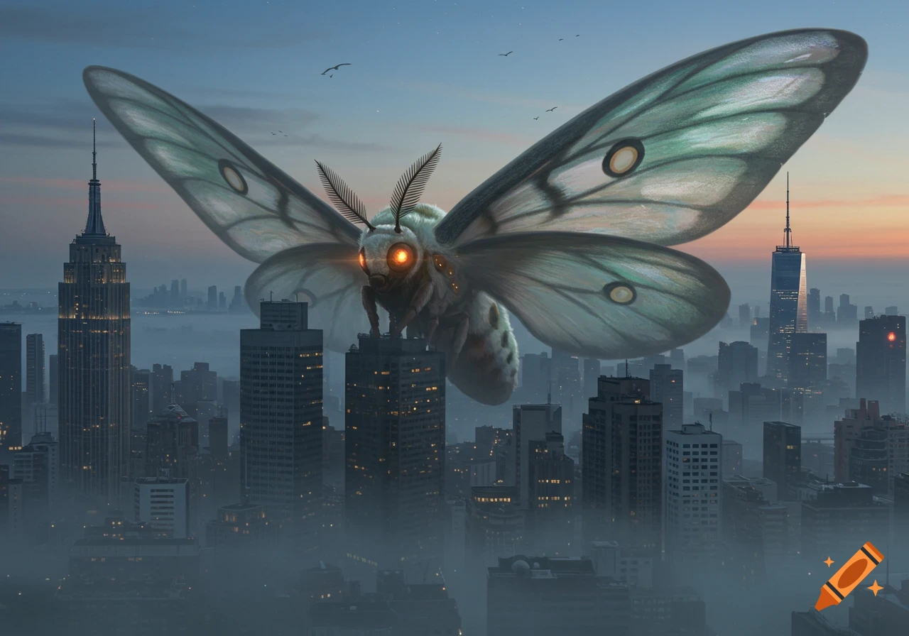 A colossal moth with glowing eyes perches atop a skyscraper in a misty cityscape at dusk, with other buildings visible in the background.