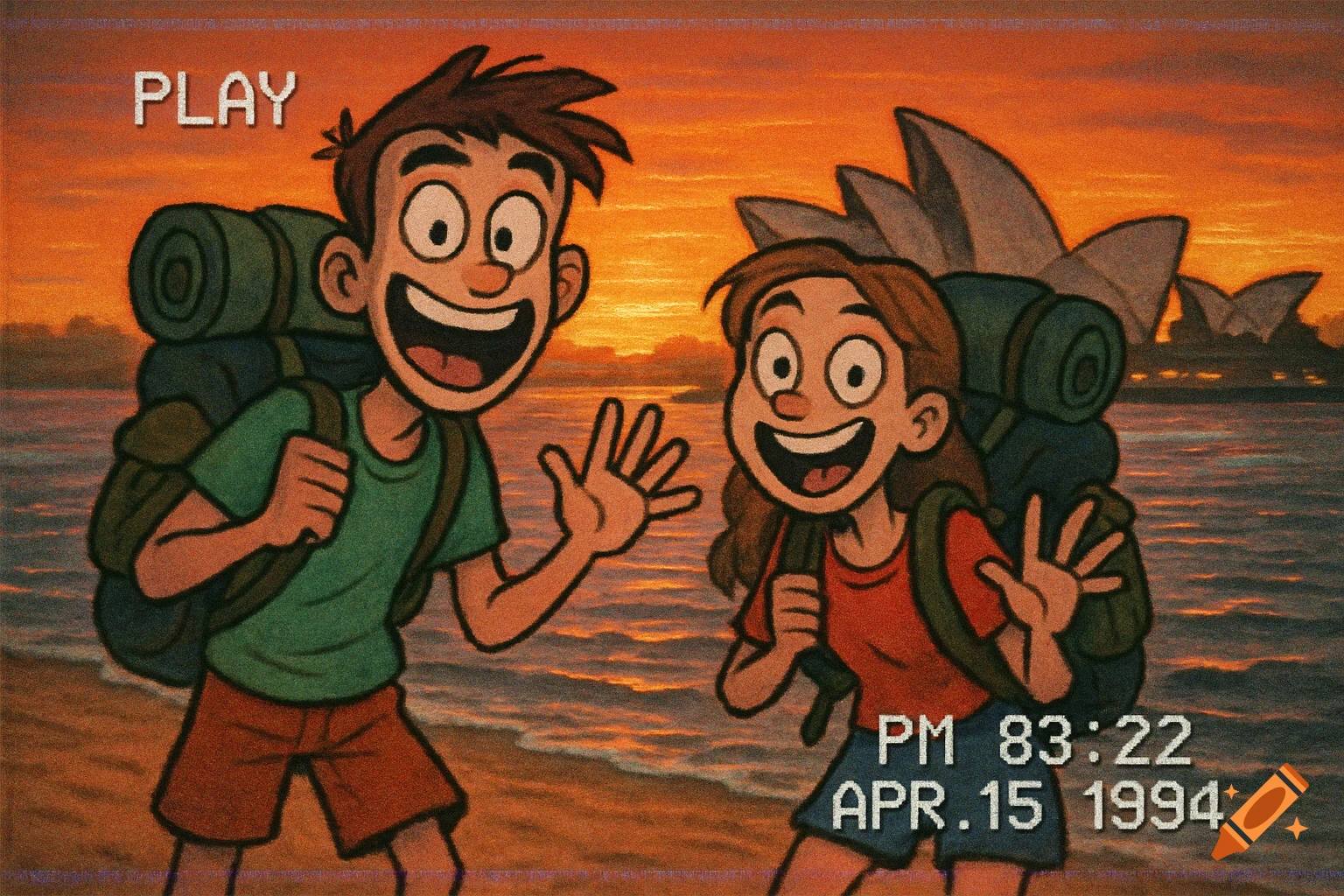 Cartoon of two happy backpackers waving on a beach at sunset, with the Sydney Opera House in the background and a VHS overlay.