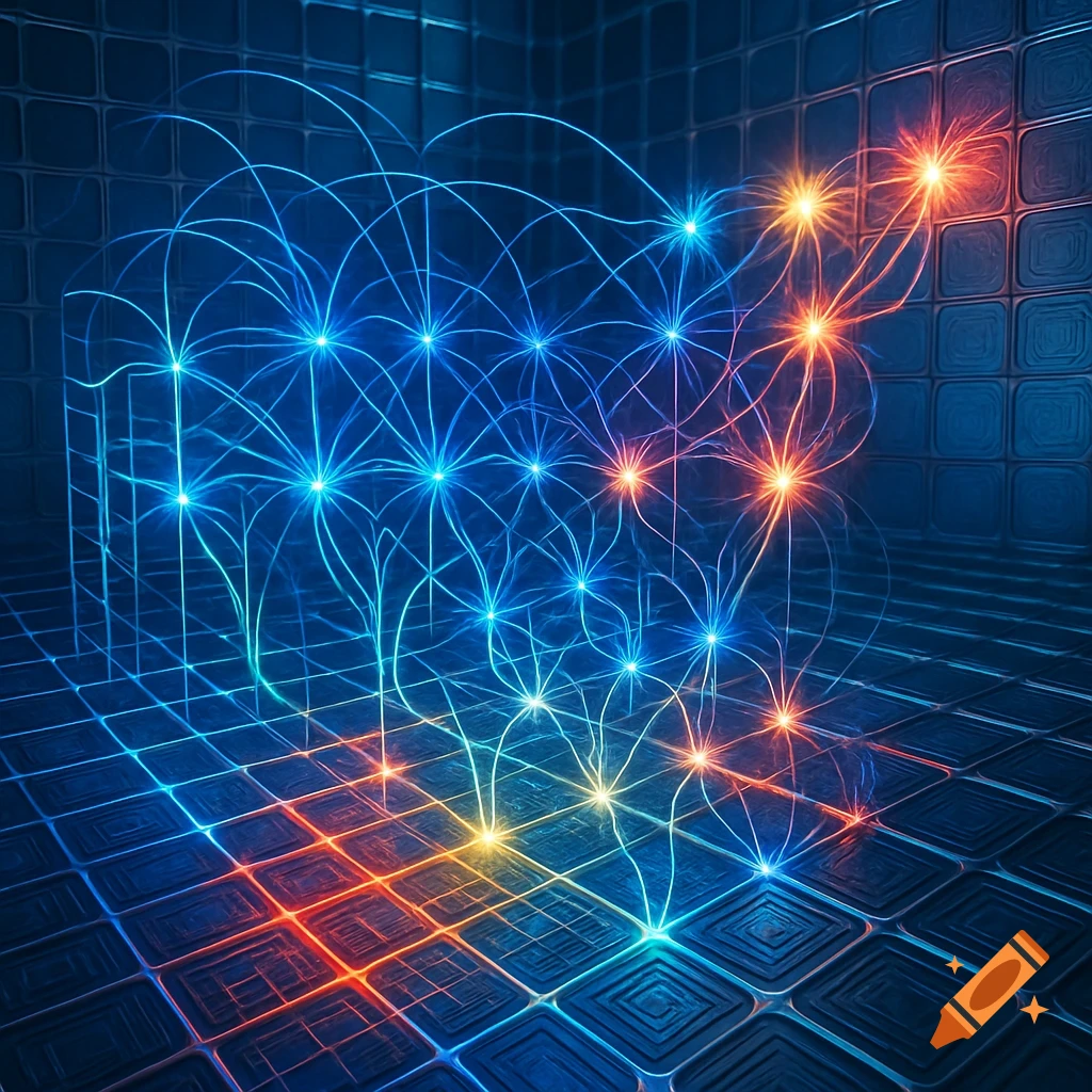 An abstract digital network of glowing blue, orange, and red nodes connected by lines, against a dark, tiled background.