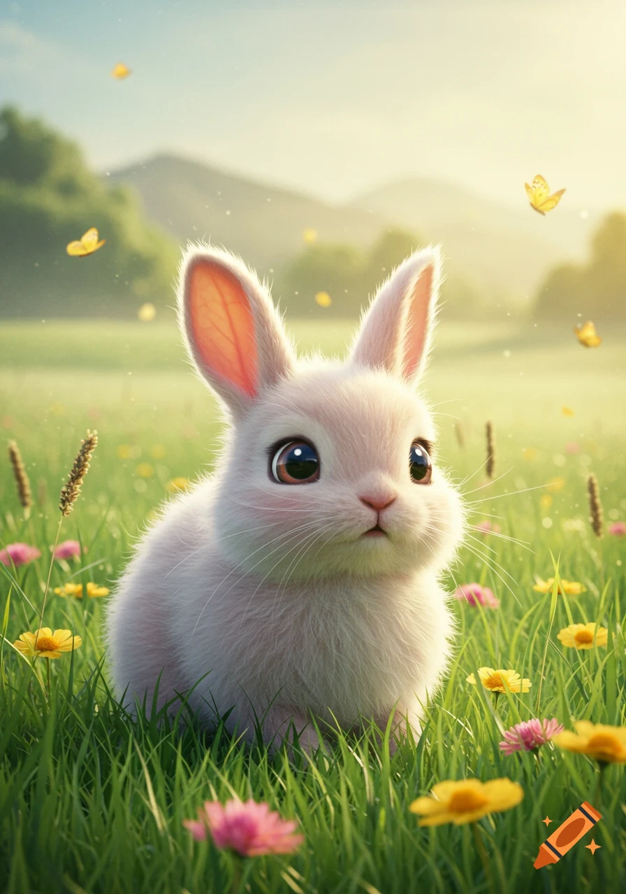 A fluffy white bunny with large eyes sits in a sunny green field with colorful flowers and yellow butterflies.