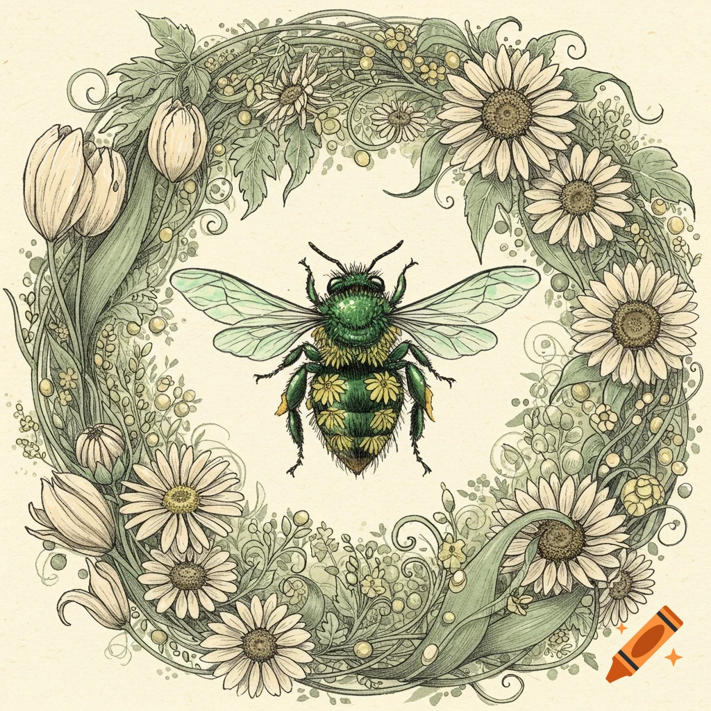 Detailed green bee with daisy-like flowers on its back, surrounded by a delicate botanical wreath illustration.