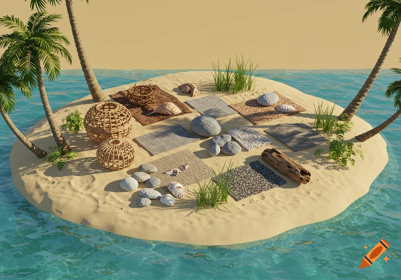 A photorealistic rendering of a small tropical island with palm trees, displaying various material samples including rugs, stones, shells, driftwood, and rattan objects on the sand.