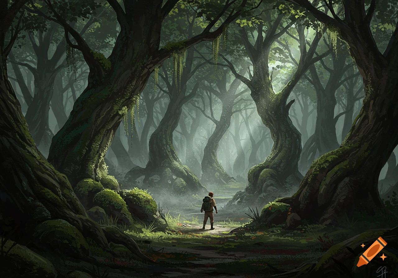 A lone traveler stands on a path in a misty, ancient forest with gnarled, moss-covered trees, light shining through the canopy.