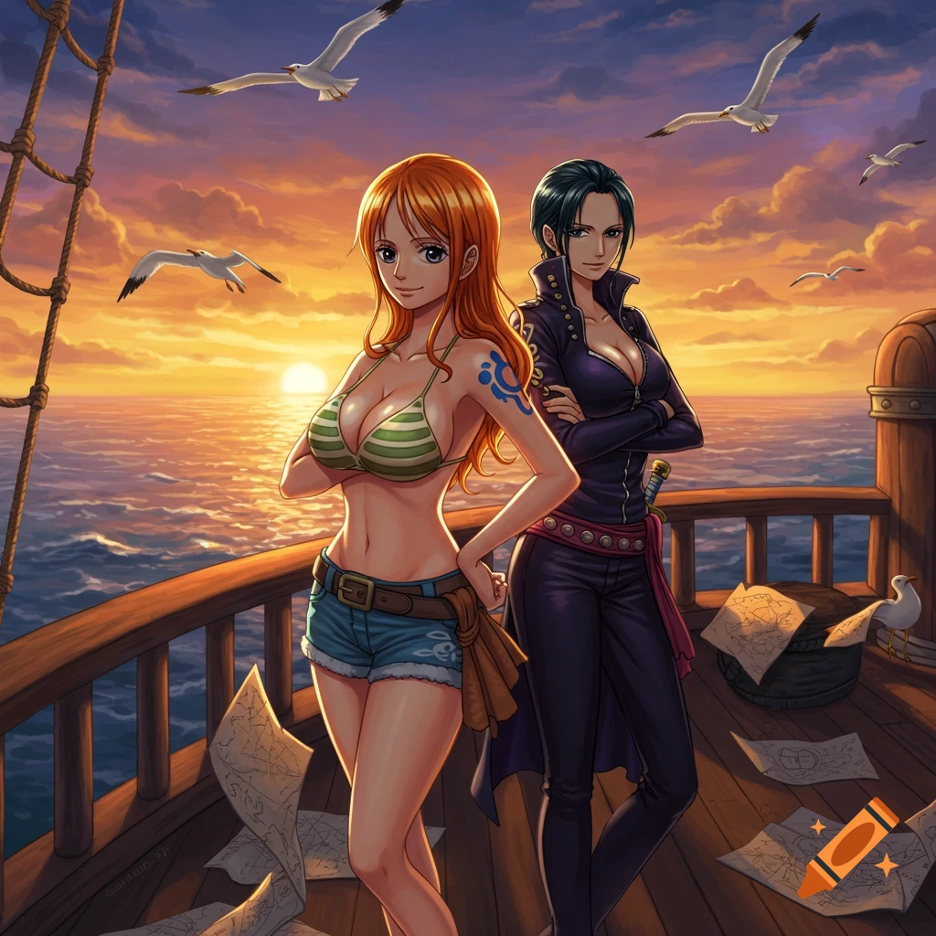 Anime art of Nami in a striped bikini top and shorts, and Nico Robin in a dark suit, standing on a ship deck at sunset.