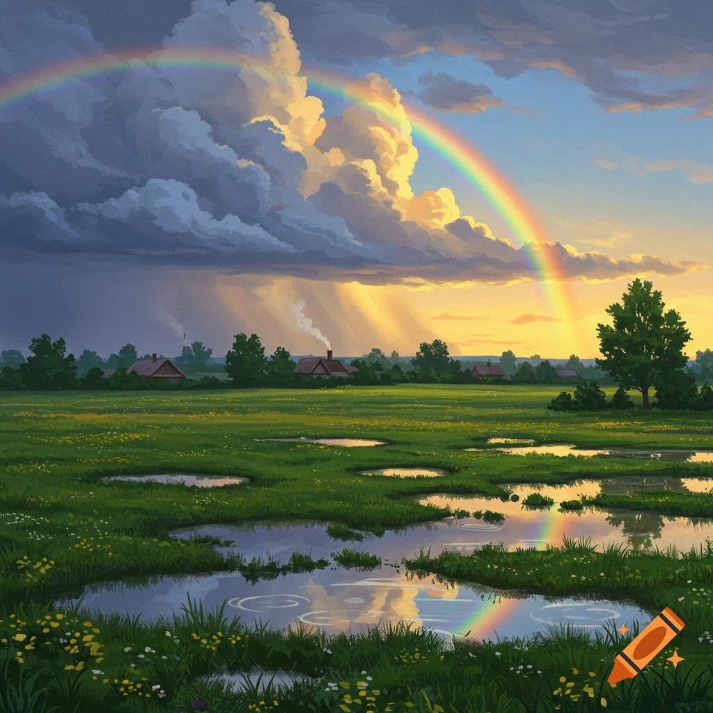 Vibrant illustration of a rainbow over a lush green field with puddles and houses, under a dramatic sky with sun rays.