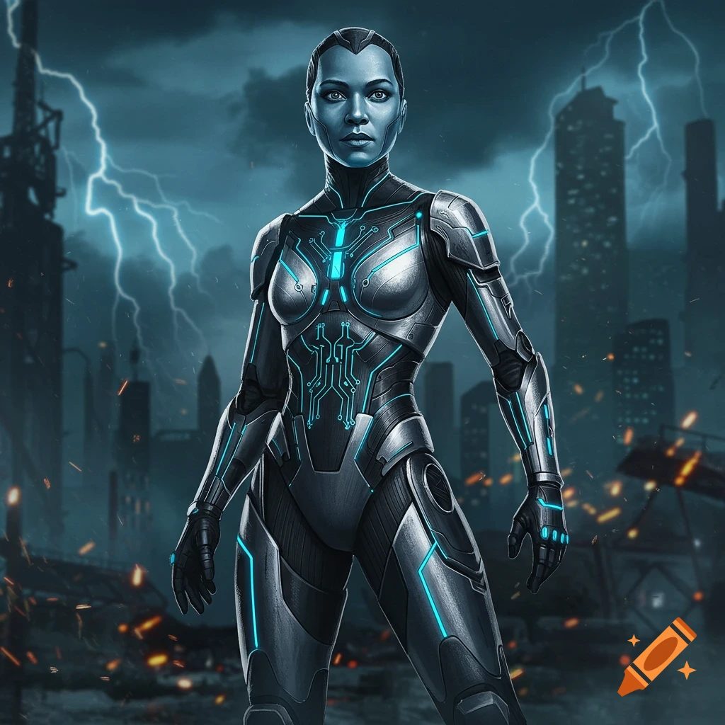 A cybernetic woman with blue skin and glowing circuit suit stands in a destroyed, stormy city with lightning, digital art.