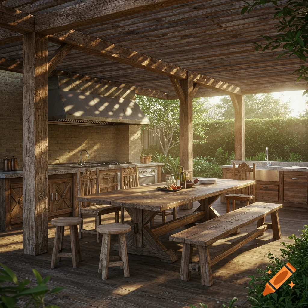 A photorealistic rustic outdoor kitchen and dining area under a wooden pergola, illuminated by warm sunlight.