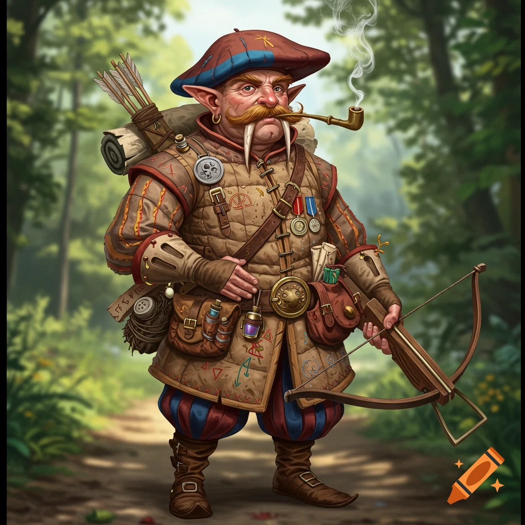 A detailed fantasy art illustration of an eccentric half-elf wanderer with a walrus mustache, smoking a pipe, holding a crossbow on a forest path.