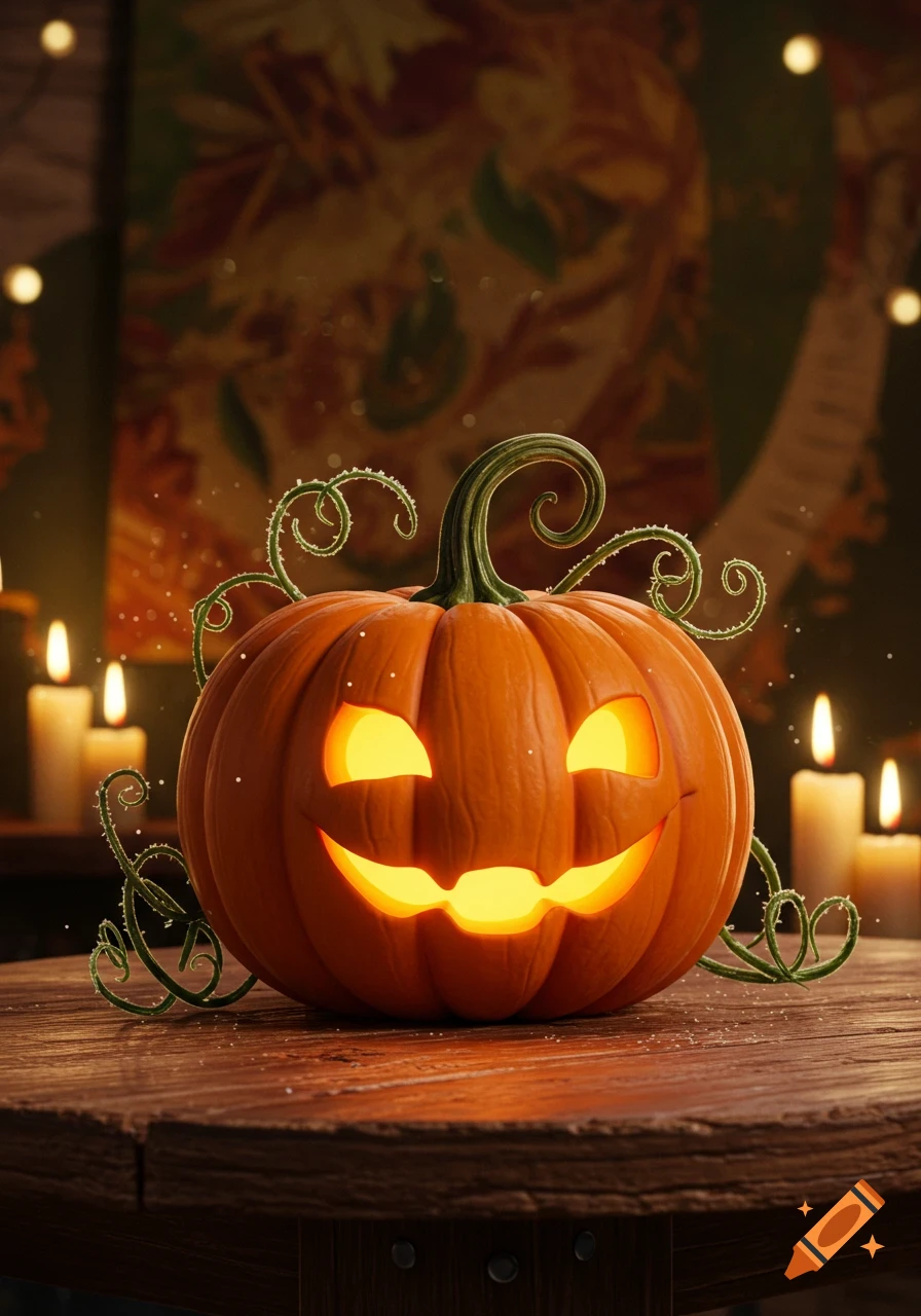 A glowing, smiling jack-o'-lantern with green vines on a wooden table, surrounded by lit candles, in a photorealistic style.