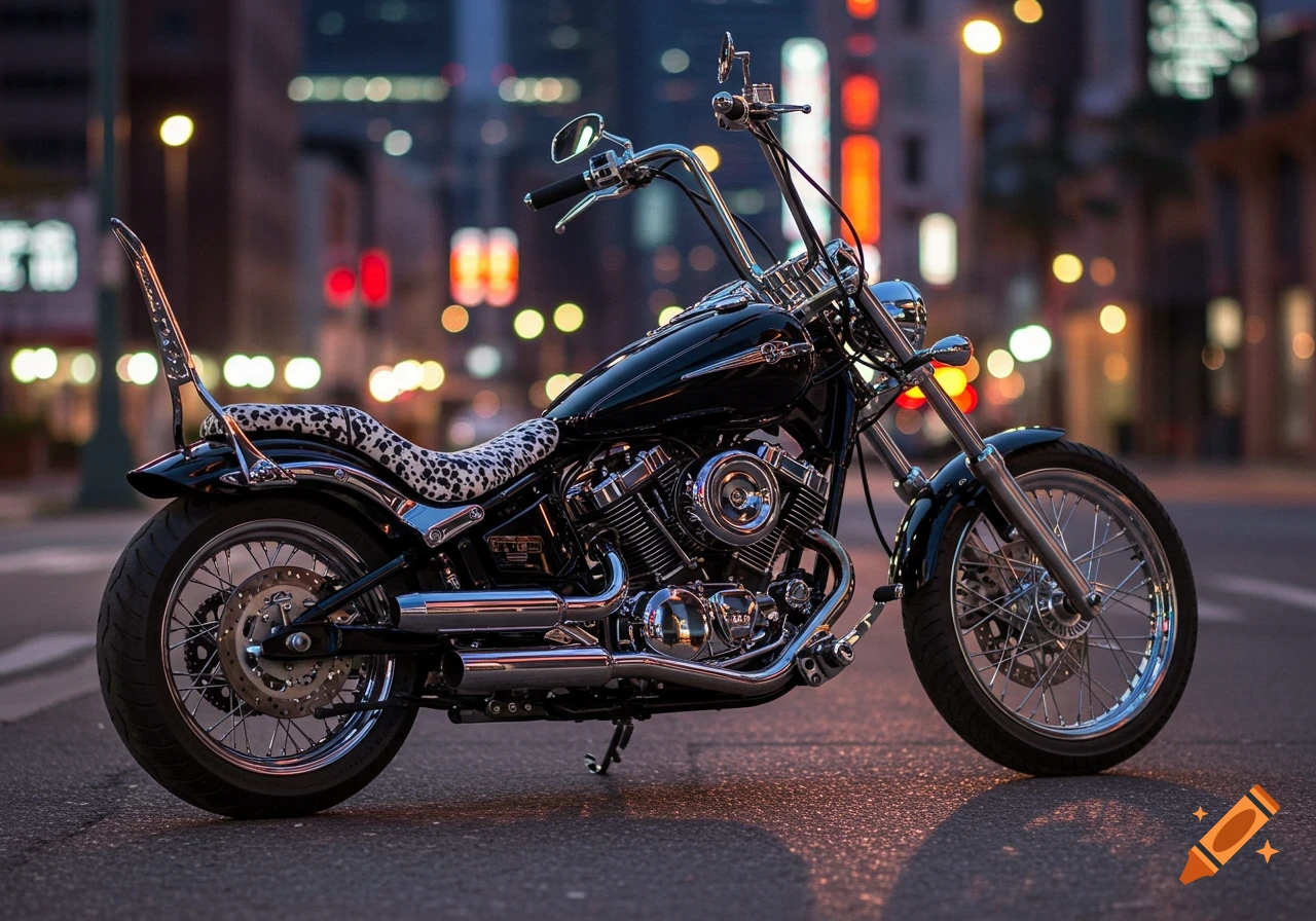 A black motorcycle with a white and black Dalmatian print seat and chrome accents parked on a city street at dusk.