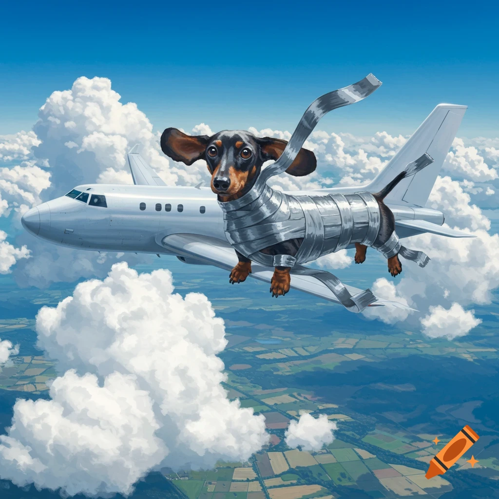 A dachshund dog, taped to the wing of a white airplane, flies high in a blue sky above clouds and green fields.