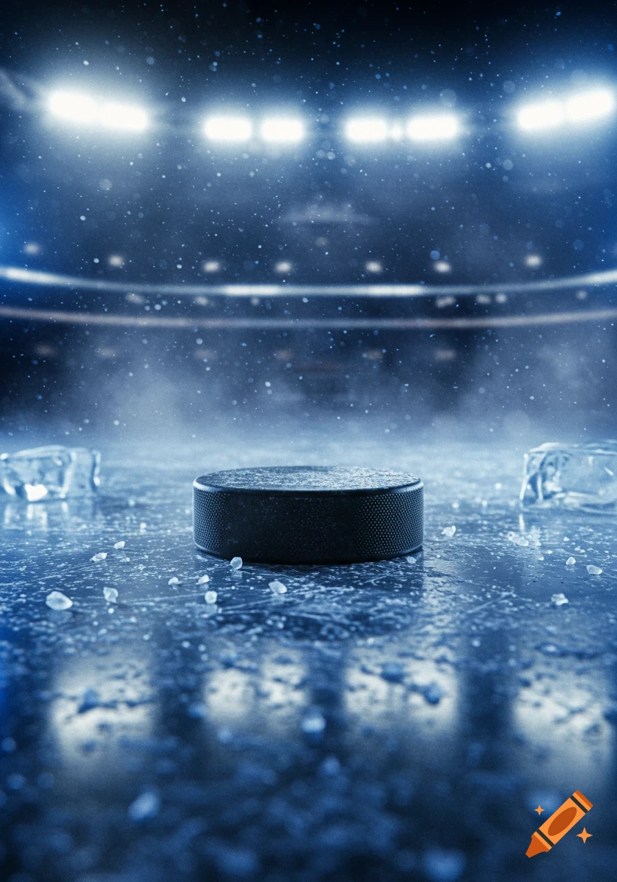 A close-up of a hockey puck on an icy rink with ice shards and blurred stadium lights in the background.