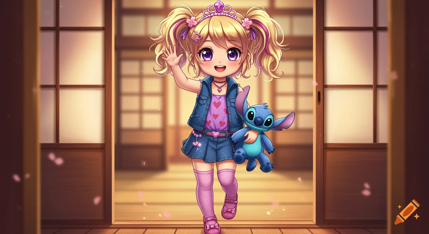 A cute anime girl with blonde pigtails and a tiara, wearing a denim vest and skirt, waves while holding a Stitch plushie in a Japanese doorway.