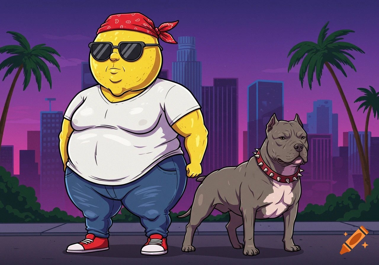 A cartoon lemon man with gigantic hips and breasts, wearing a white t-shirt, red bandana, and sunglasses, stands next to a gray Pitbull with a studded collar. They are on a city street with palm trees and buildings in the background at sunset.