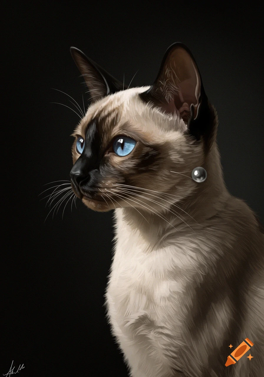 Detailed digital painting of a Siamese cat with bright blue eyes, wearing a single pearl earring, looking left against a dark background.