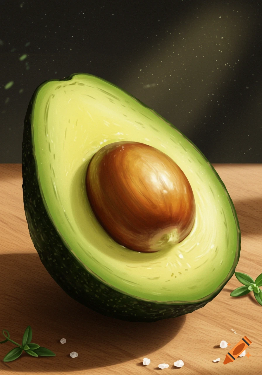A realistic, close-up illustration of a halved avocado with its pit on a wooden surface, surrounded by herb sprigs and salt crystals.