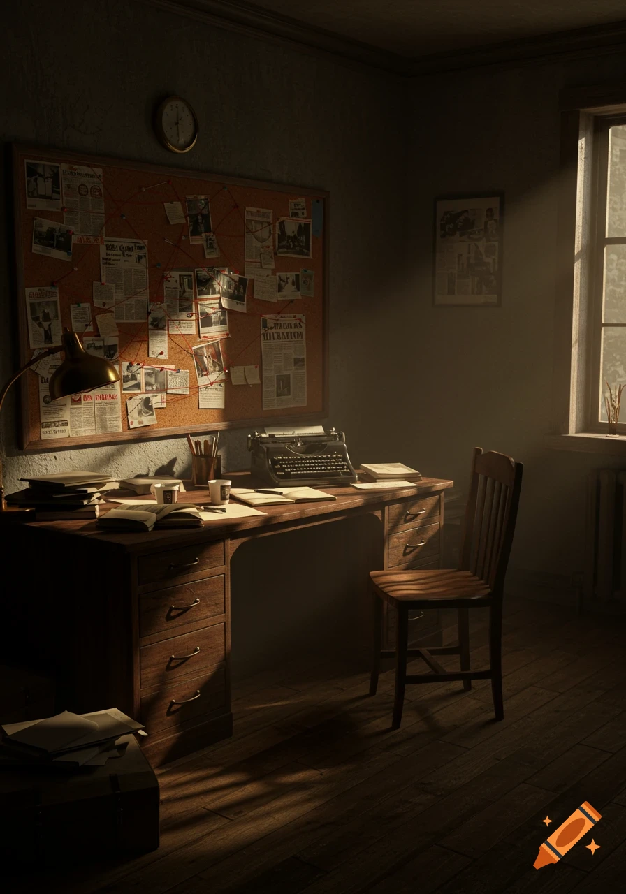 A dimly lit, vintage journalist's office with a wooden desk, typewriter, and a corkboard covered in papers and string. Sunlight streams through a window.