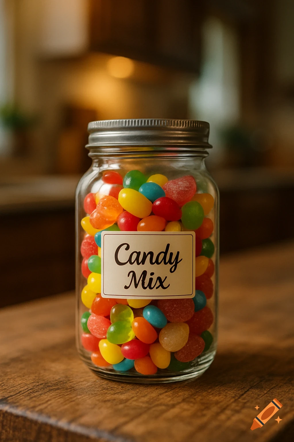 A glass mason jar filled with colorful jelly beans and gummy candies sits on a wooden table, labeled 'Candy Mix'.