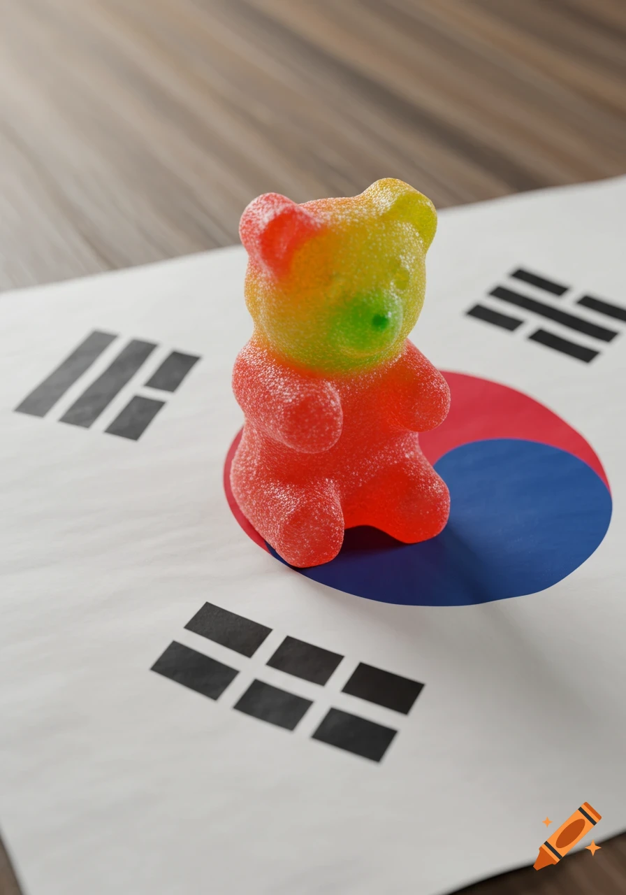 A colorful, sugar-coated gummy bear sits on a South Korean flag, which is laid on a wooden surface.