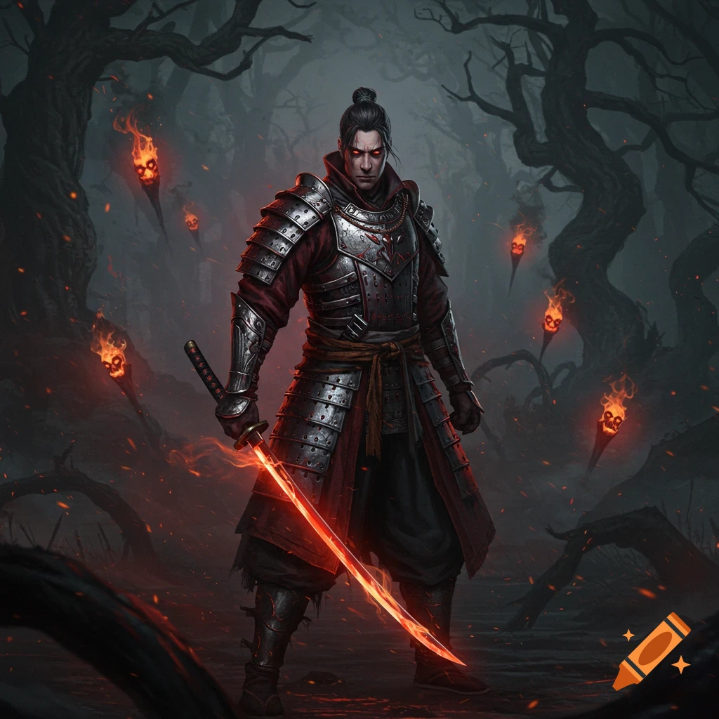 A dark fantasy image of a samurai-like warrior with glowing red eyes and a glowing red katana, standing in a dead forest with floating flaming skulls.