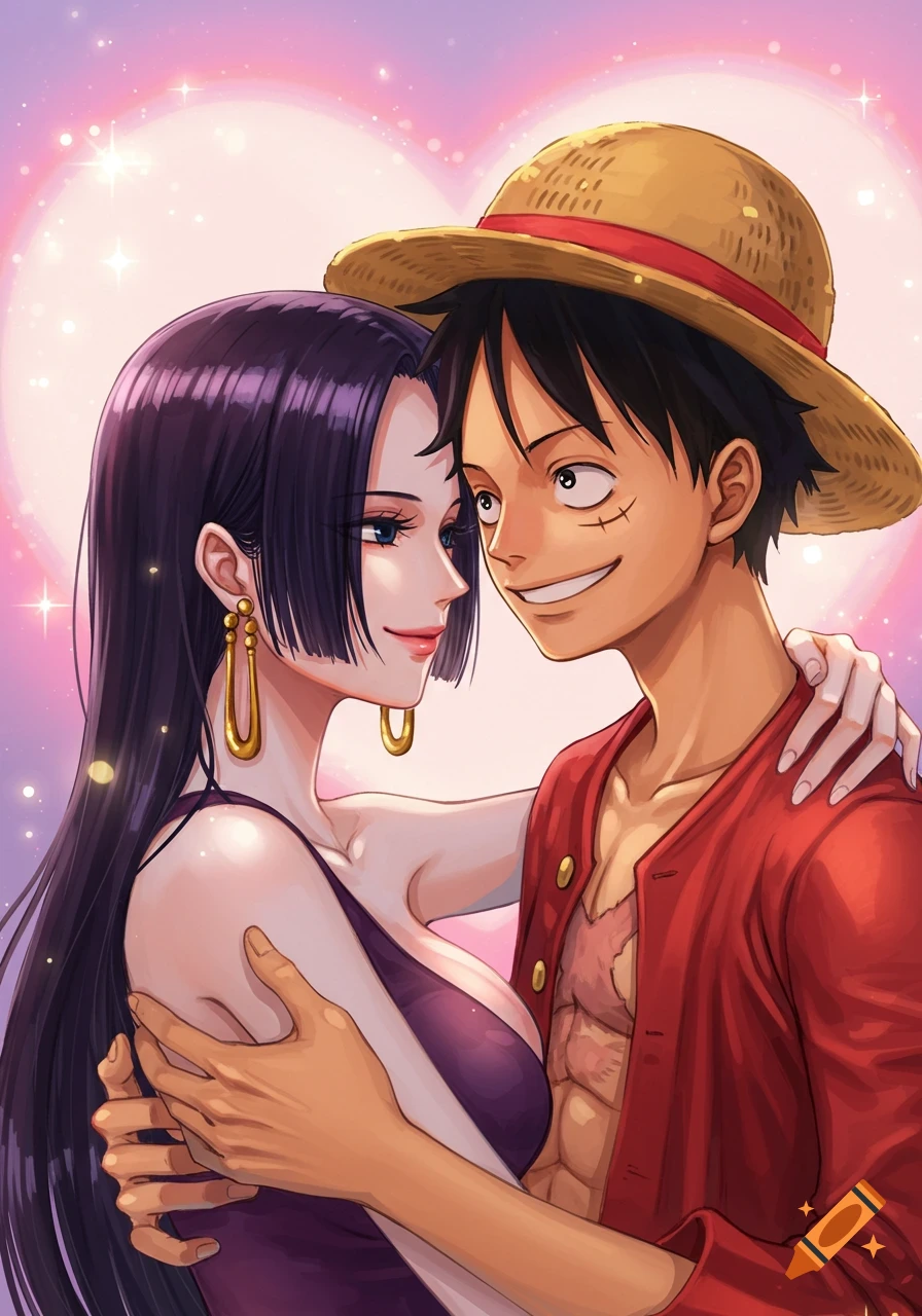 Anime characters Luffy and Hancock from One Piece embrace affectionately against a sparkling pink heart background.