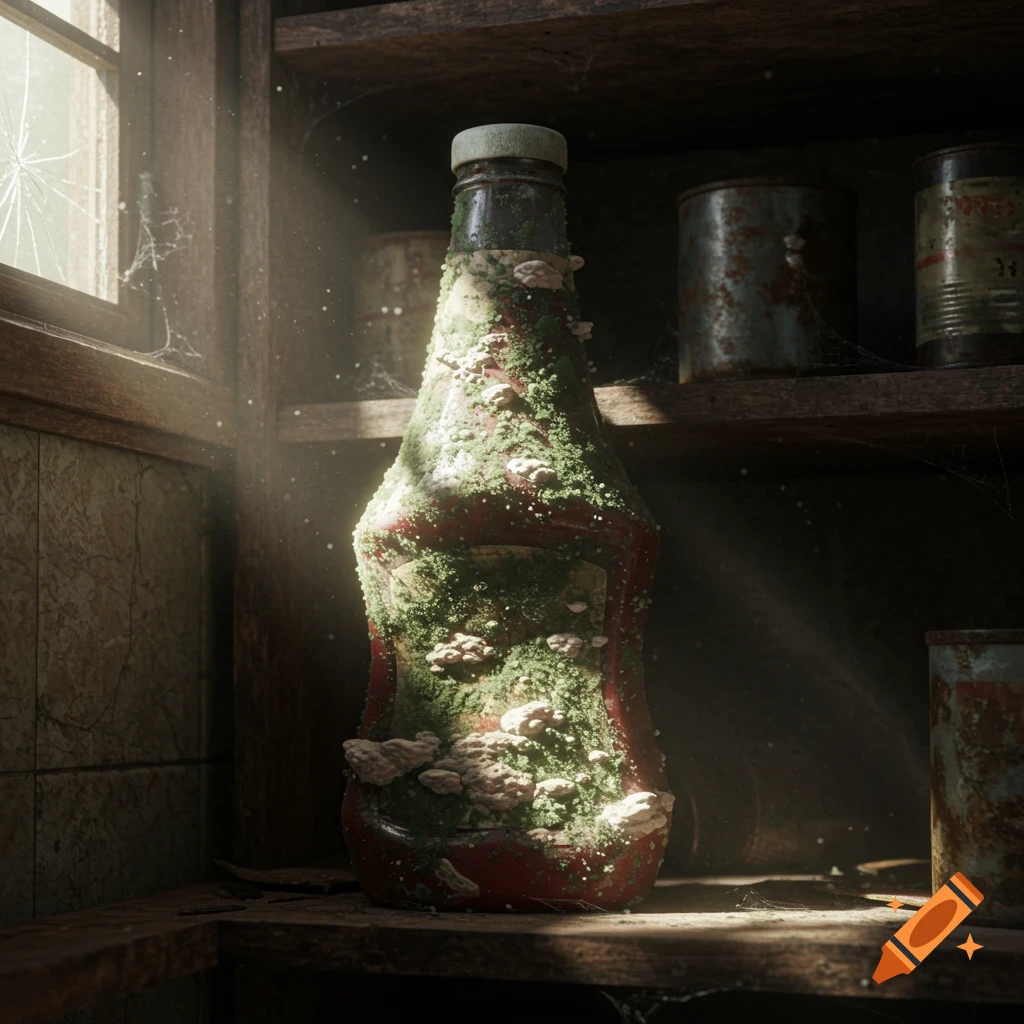 Photorealistic image of a moldy ketchup bottle covered in green fuzz and white fungi, on a dusty wooden shelf with rusty cans, lit by sunbeams from a cracked window.