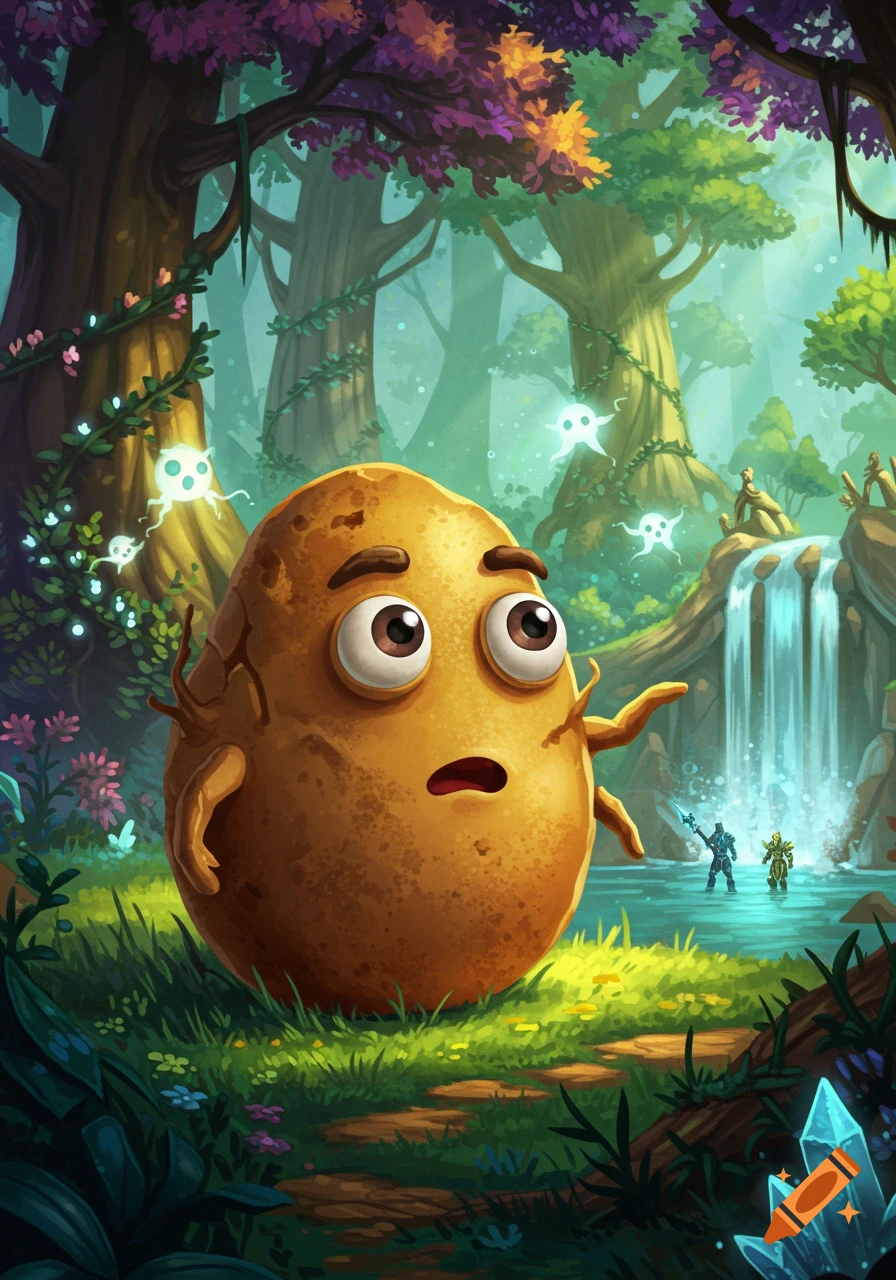 A surprised cartoon potato in a vibrant fantasy forest with a waterfall, glowing spirits, and two armored figures in a stream.