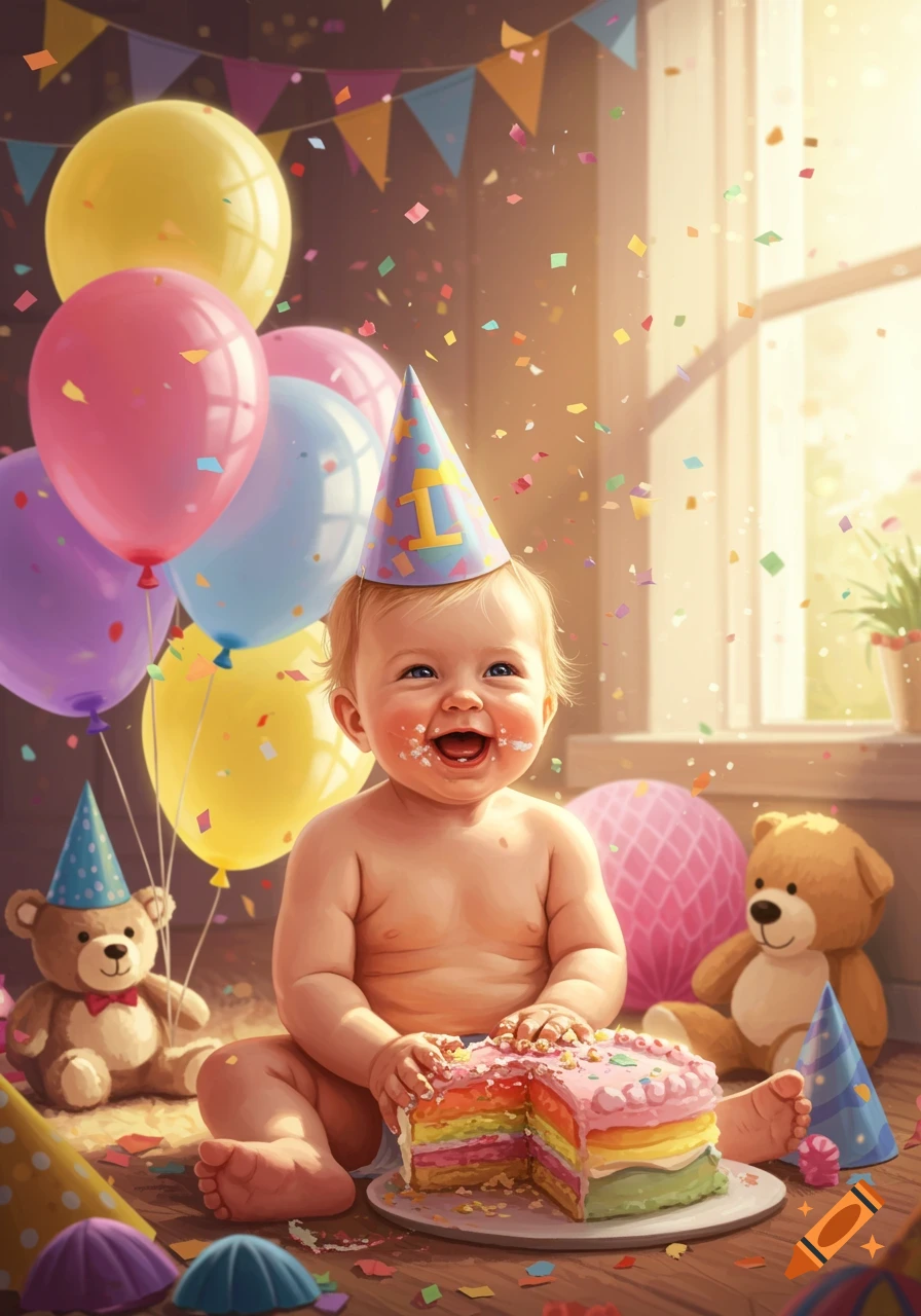 A joyful baby with cake on its face, wearing a '1' birthday hat, sits by a rainbow cake with balloons and confetti at a sunny party.