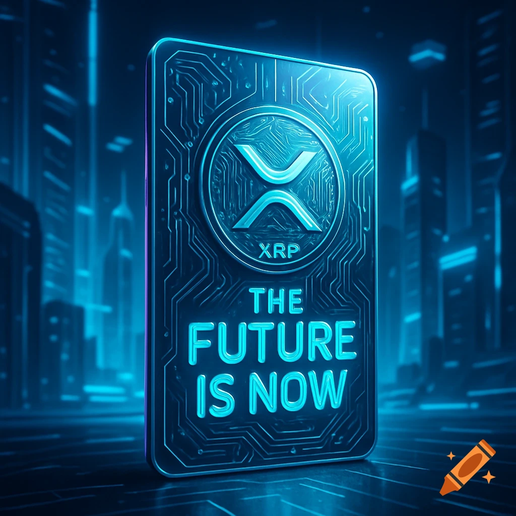 A glowing blue futuristic XRP cryptocurrency card with 'The Future Is Now' text in a neon cityscape.