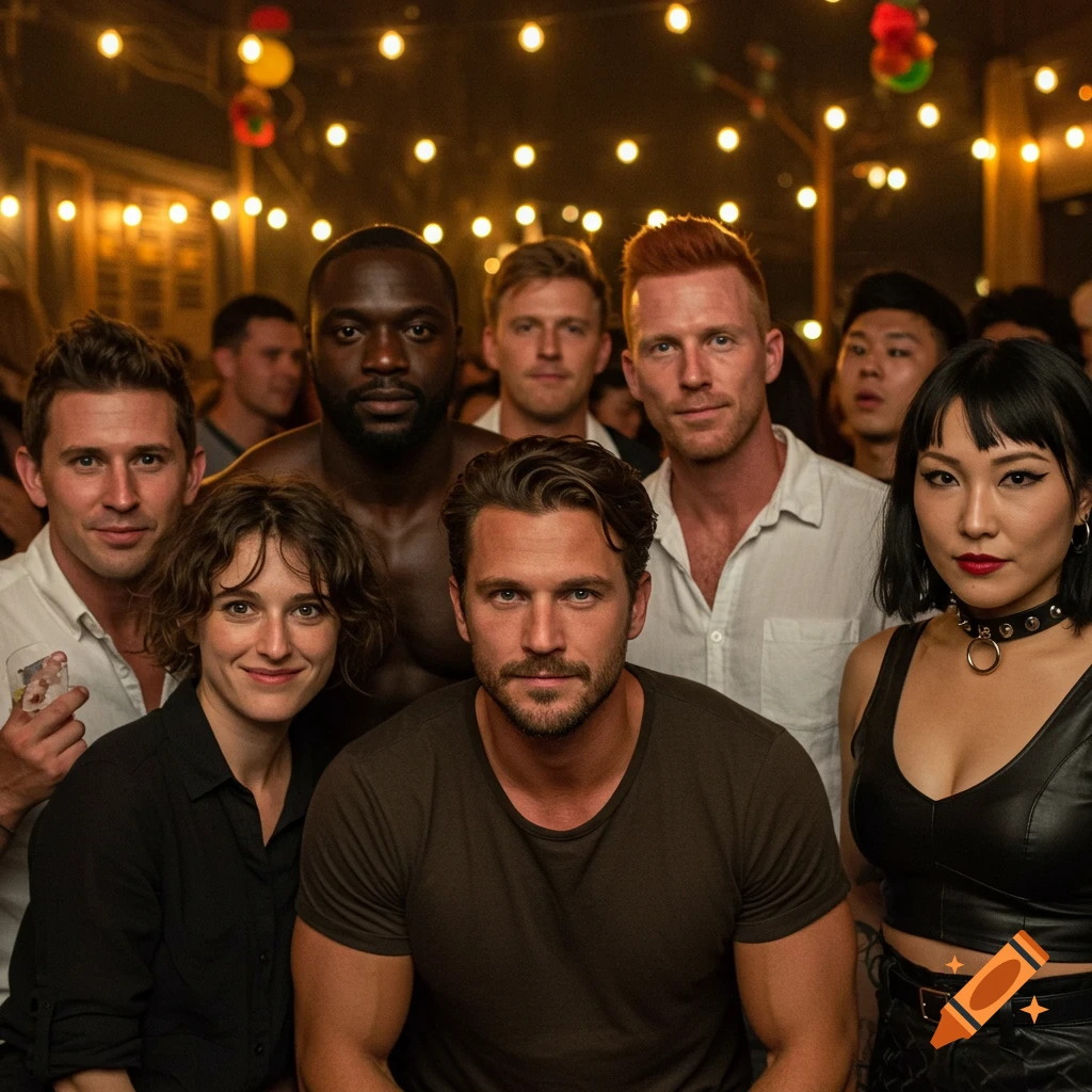 A diverse group of men and women pose closely for a photograph at a lively indoor party with string lights, photorealistic style.