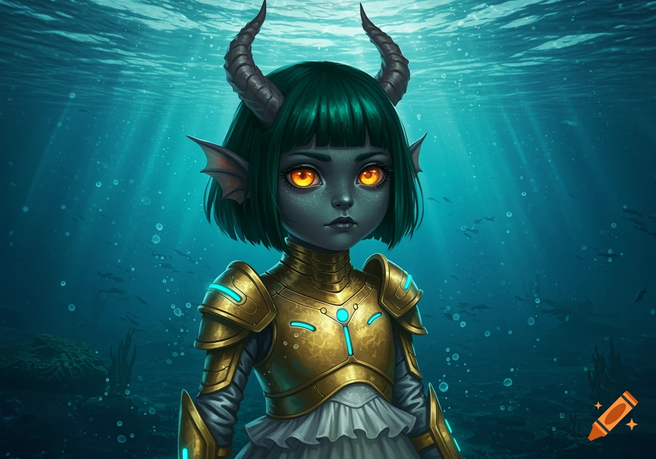 A fantasy mermaid child with charcoal-blue skin, green hair, horns, glowing orange eyes, and golden sci-fi armor underwater.