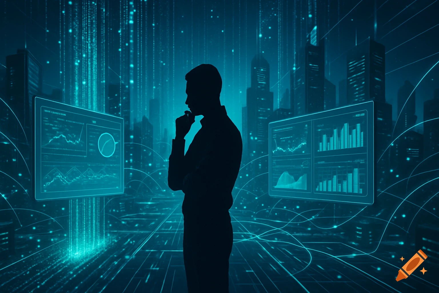 Silhouette of a man pondering in a futuristic cityscape with glowing data visualizations.