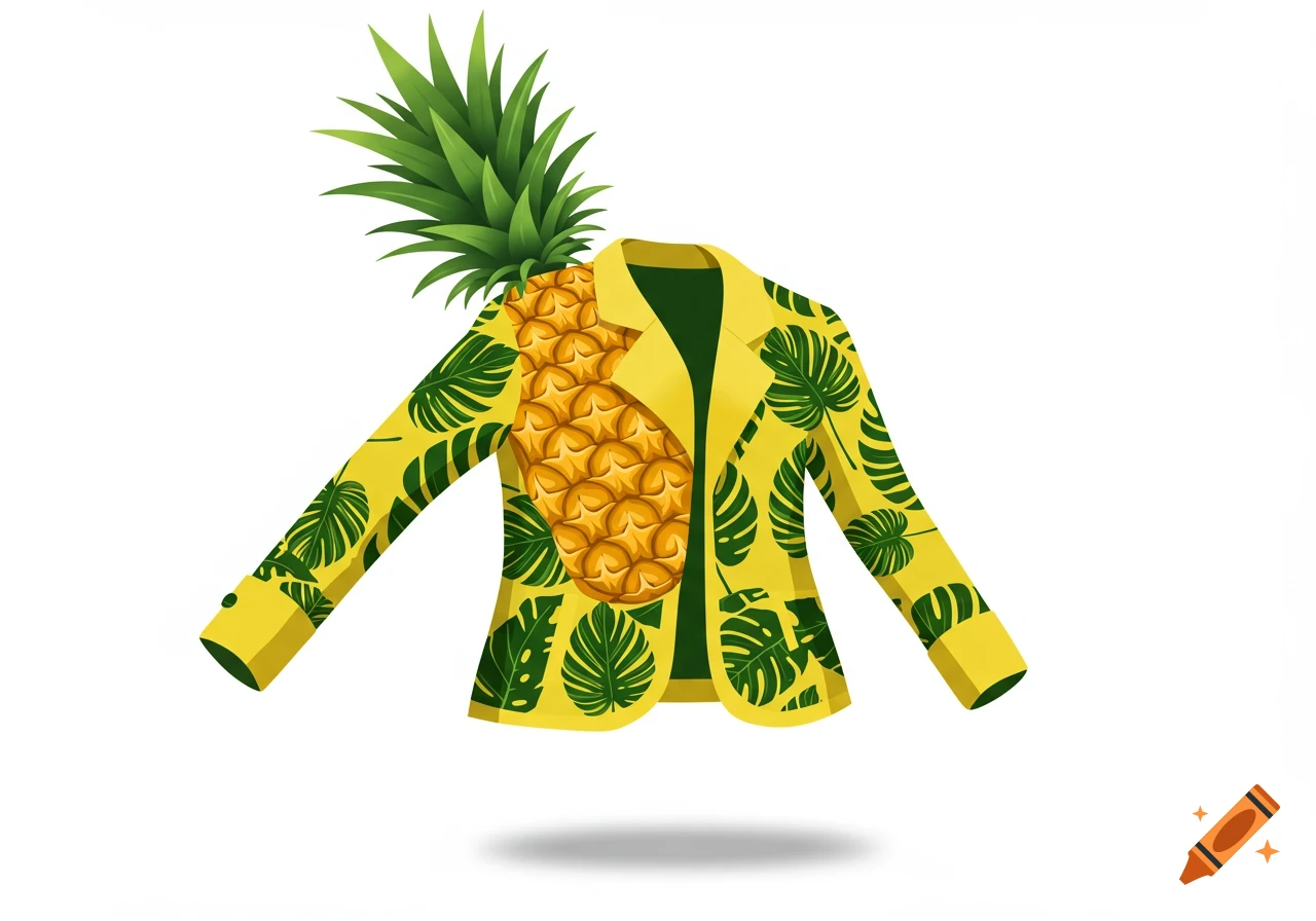 A vibrant yellow blazer with green tropical leaf patterns, featuring a pineapple fruit for its torso and a pineapple top as its collar, against a white background.