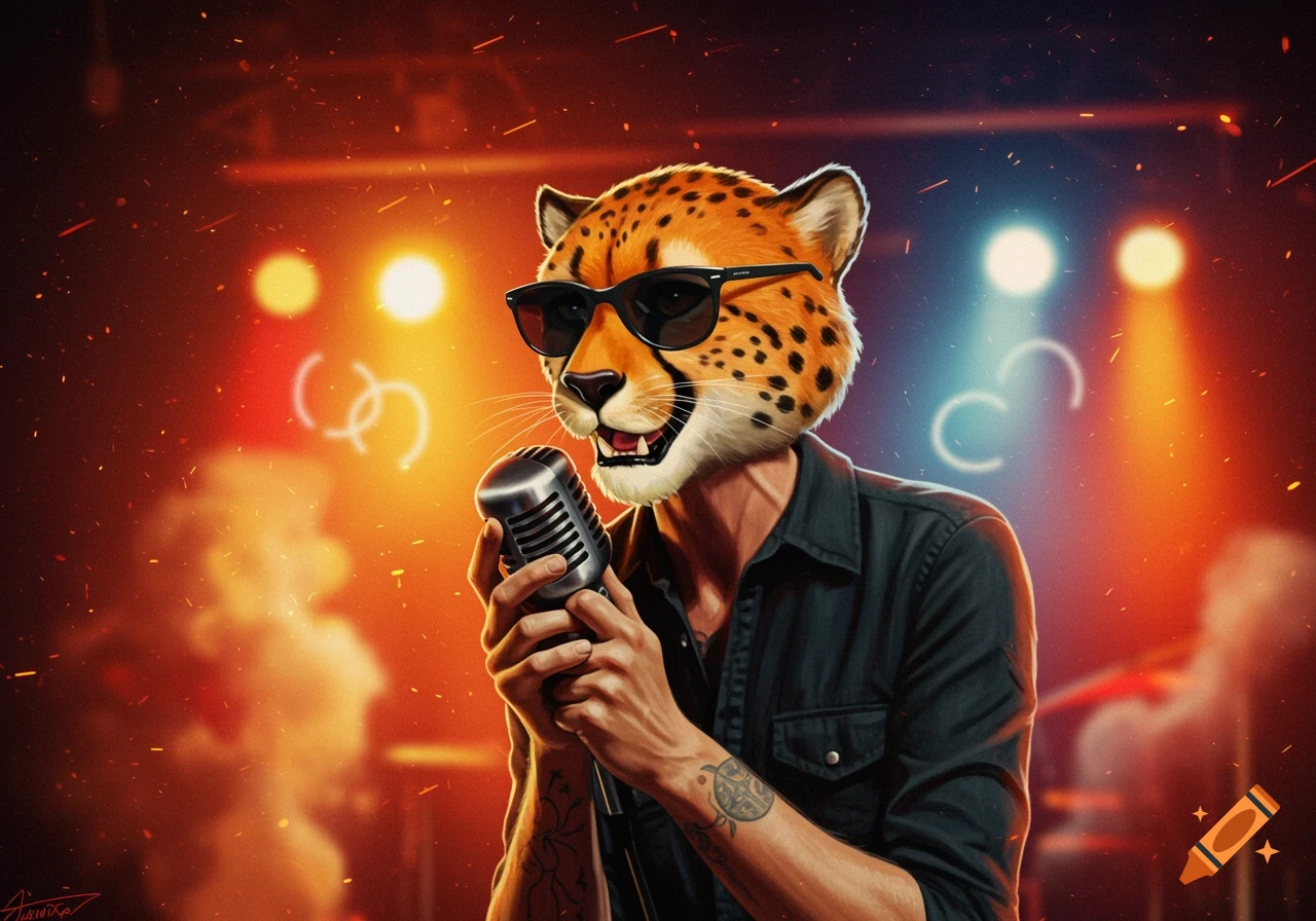A cheetah-headed man wearing sunglasses and a black shirt sings into a vintage microphone on a vibrant, fiery stage with spotlights.