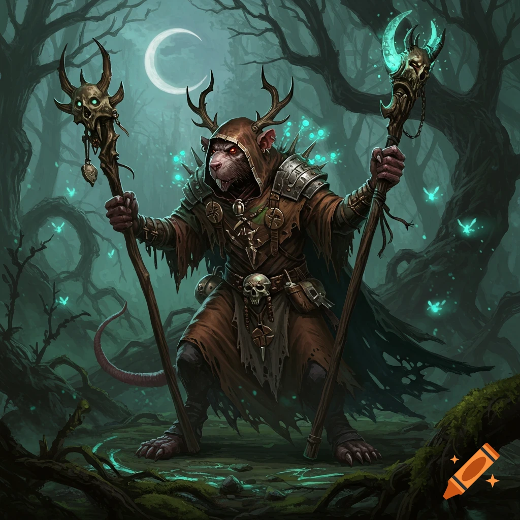 A dark fantasy image of a rat-like druid with antlers and armor, holding two skull-topped staffs in a mystical forest under a crescent moon.