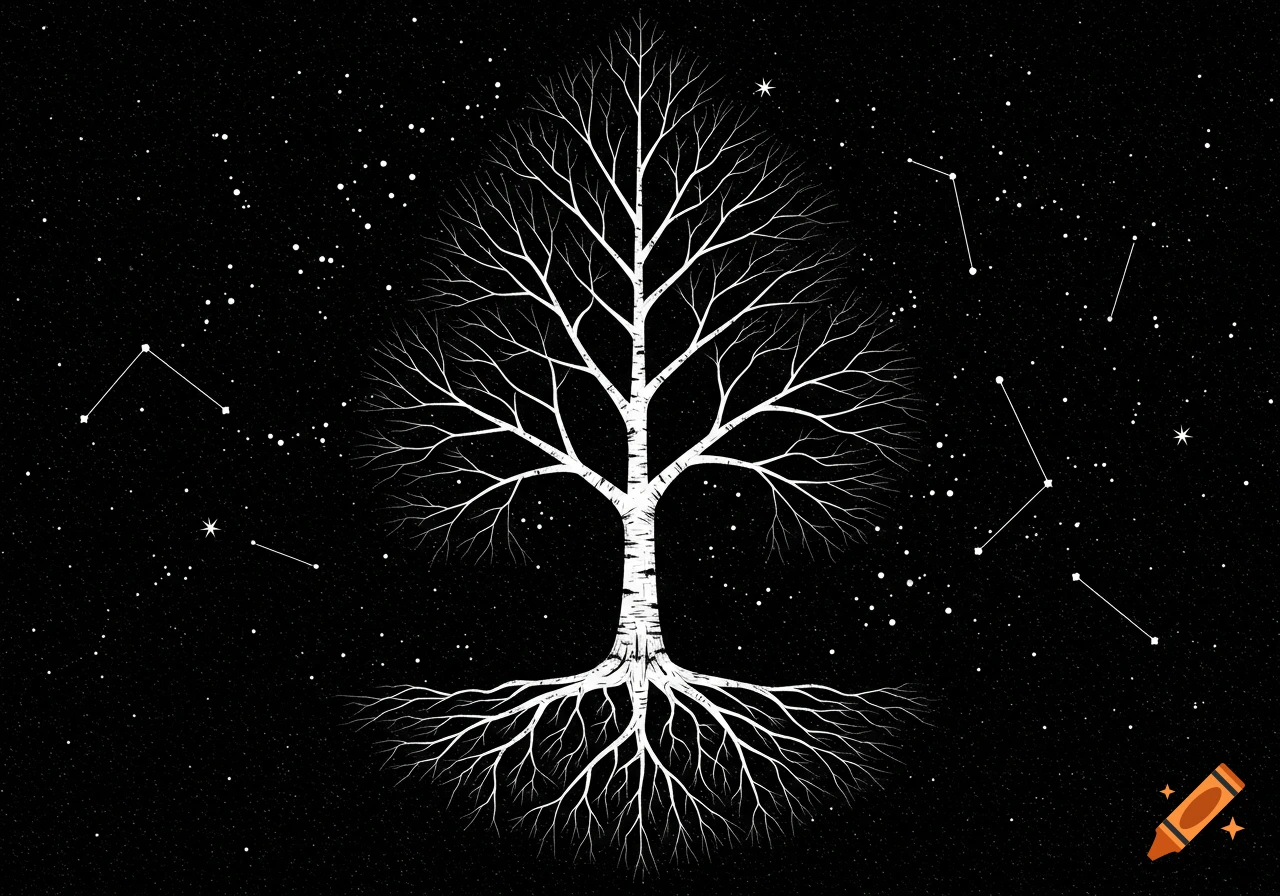 A stylized black and white illustration of a bare white birch tree with roots and branches against a starry night sky with constellations.
